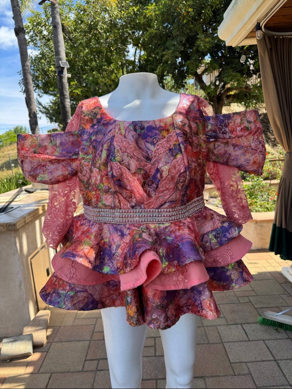 Custom beaded lace Pink Multicolor Floral Sequin Peplum Top cosplay 80s sz XL